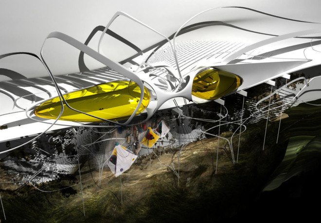 Margot Krasojevic, hanging campsite, hanging hotel, climbing, climbers, futuristic design, suspended structure, louver system, lightweight materials, carbon fiber, lightweight materials, green design, green technology