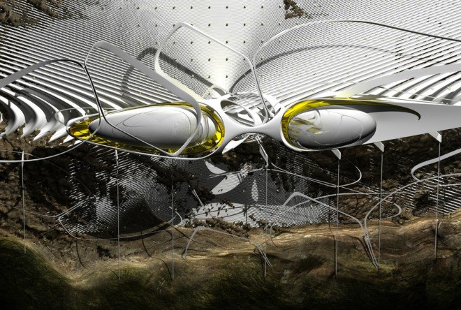 Margot Krasojevic, hanging campsite, hanging hotel, climbing, climbers, futuristic design, suspended structure, louver system, lightweight materials, carbon fiber, lightweight materials, green design, green technology