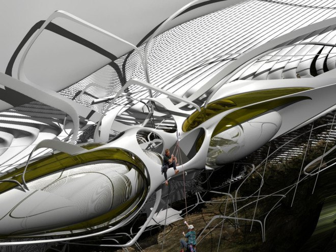 Margot Krasojevic, hanging campsite, hanging hotel, climbing, climbers, futuristic design, suspended structure, louver system, lightweight materials, carbon fiber, lightweight materials, green design, green technology