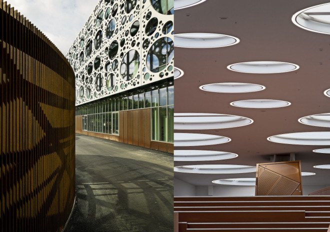 C.F. Møller, University of Southern Denmark, Odense, atrium, natural ventilation, solar screen, glare protection, compact reinforced composite concrete, CRC concrete, prefab panels, Technical Facility University of Southern Denmark