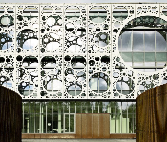 C.F. Møller, University of Southern Denmark, Odense, atrium, natural ventilation, solar screen, glare protection, compact reinforced composite concrete, CRC concrete, prefab panels, Technical Facility University of Southern Denmark