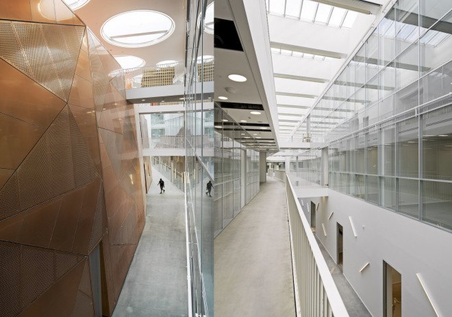 C.F. Møller, University of Southern Denmark, Odense, atrium, natural ventilation, solar screen, glare protection, compact reinforced composite concrete, CRC concrete, prefab panels, Technical Facility University of Southern Denmark