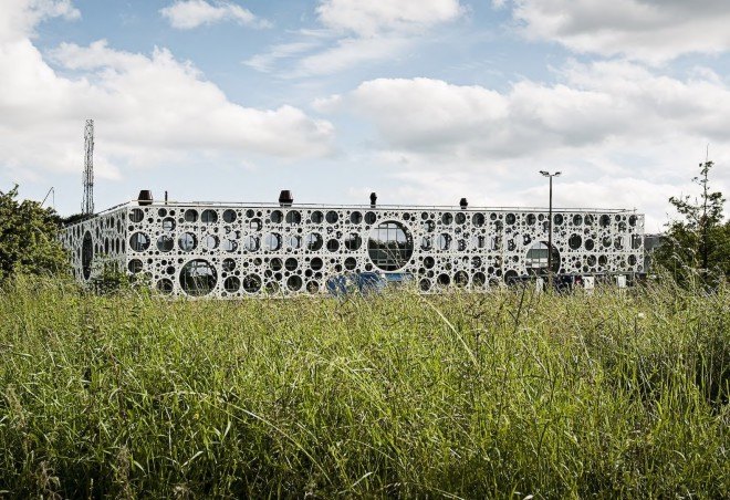 C.F. Møller, University of Southern Denmark, Odense, atrium, natural ventilation, solar screen, glare protection, compact reinforced composite concrete, CRC concrete, prefab panels, Technical Facility University of Southern Denmark