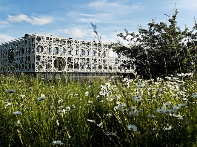 C.F. Møller, University of Southern Denmark, Odense, atrium, natural ventilation, solar screen, glare protection, compact reinforced composite concrete, CRC concrete, prefab panels, Technical Facility University of Southern Denmark