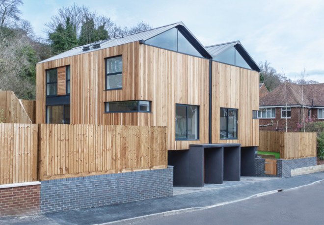 Adam Knibb, twin wooden homes, Cedar Lodges, Winchester, floating homes, cedar clad, window-less,