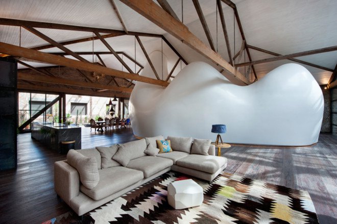Allen Jack+Cottier, sleeping pod, private house, Sydney, green renovation, warehouse renovation, green materials, resin, natural light, LED lights, green lighting