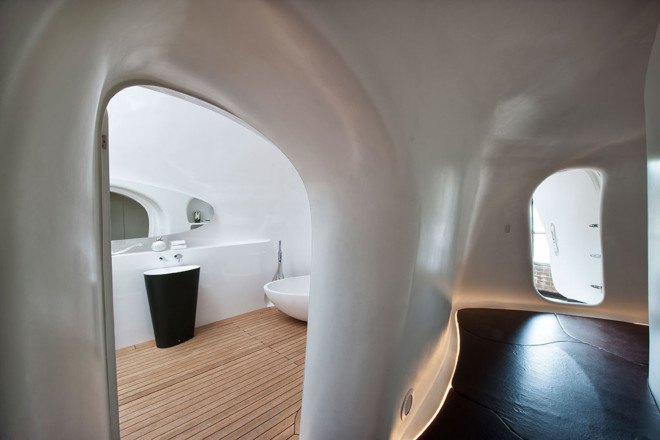 Allen Jack+Cottier, sleeping pod, private house, Sydney, green renovation, warehouse renovation, green materials, resin, natural light, LED lights, green lighting