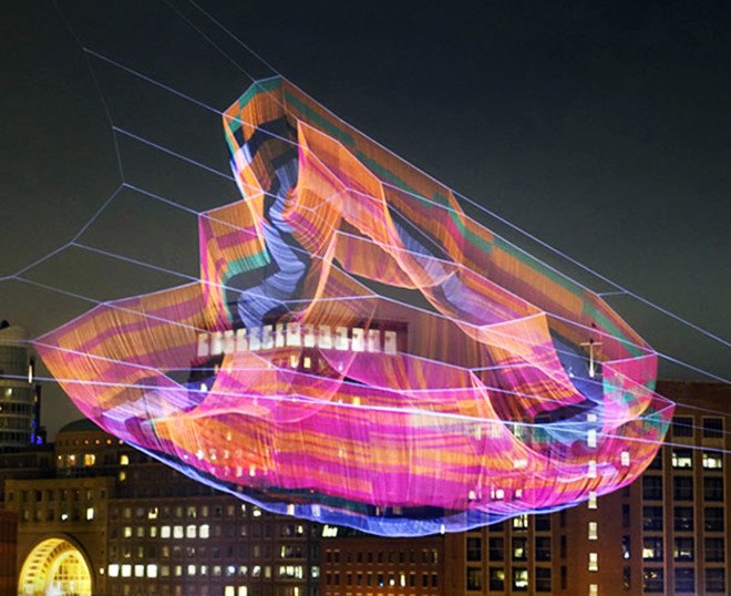 Janet Echelman, hand-knitted aerial sculpture, 'As If It Were Already Here', Boston, Boston park sculpture, Arup, polyethylene fiber net