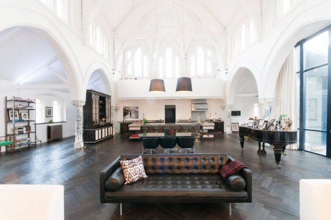 london church renovation, church converted into house, kensington london, london real estate, converted houses, open floor plan, stained glass, church architecture