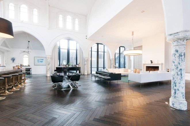 london church renovation, church converted into house, kensington london, london real estate, converted houses, open floor plan, stained glass, church architecture