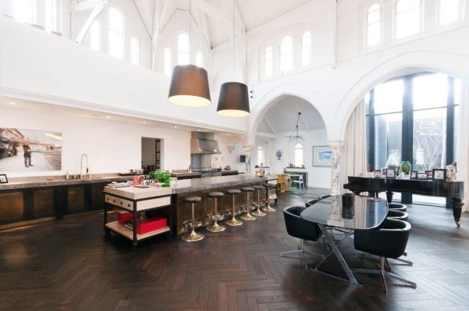 london church renovation, church converted into house, kensington london, london real estate, converted houses, open floor plan, stained glass, church architecture