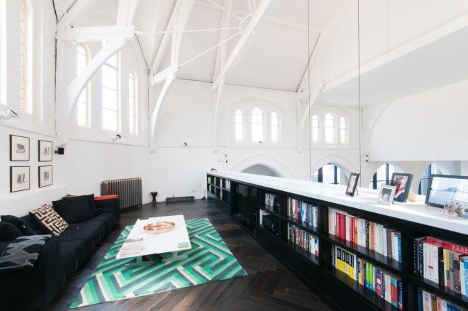london church renovation, church converted into house, kensington london, london real estate, converted houses, open floor plan, stained glass, church architecture