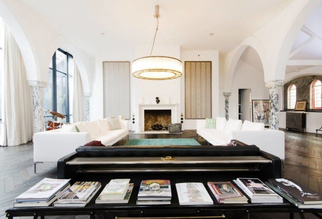 london church renovation, church converted into house, kensington london, london real estate, converted houses, open floor plan, stained glass, church architecture