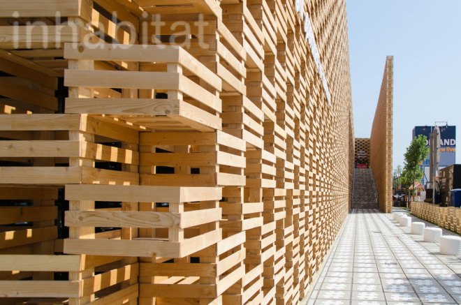 2015 Milan Expo, 2pm, archtiectural facade, Poland, Polish design, polish designers, Polish green architecture, Polish green building, Polish Pavilion, recycled wood, warsaw, Wood, wood architecture, wood facade, world expo 2015
