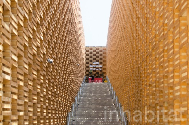2015 Milan Expo, 2pm, archtiectural facade, Poland, Polish design, polish designers, Polish green architecture, Polish green building, Polish Pavilion, recycled wood, warsaw, Wood, wood architecture, wood facade, world expo 2015