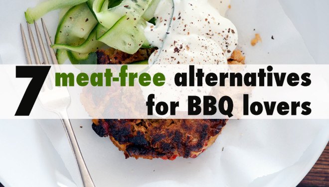 Veggie patty with overlay text "7 meat-free alternatives for bbq lovers"
