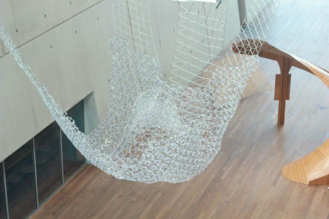 IASS, International Association for Shell and Spatial Structure, BIC Cristal pen, BIC pens, recycled BIC pens, BIC pen pavilion, BIC pen canopy, AAU Anastas, Landolf Rhode-Barbarigos, and Yann Santerre, recycled pens, recycled materials, tetrahedron models,