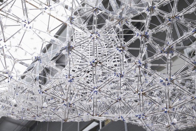 IASS, International Association for Shell and Spatial Structure, BIC Cristal pen, BIC pens, recycled BIC pens, BIC pen pavilion, BIC pen canopy, AAU Anastas, Landolf Rhode-Barbarigos, and Yann Santerre, recycled pens, recycled materials, tetrahedron models,
