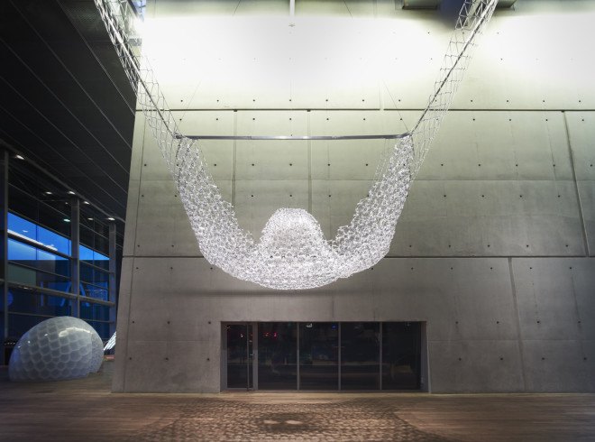 IASS, International Association for Shell and Spatial Structure, BIC Cristal pen, BIC pens, recycled BIC pens, BIC pen pavilion, BIC pen canopy, AAU Anastas, Landolf Rhode-Barbarigos, and Yann Santerre, recycled pens, recycled materials, tetrahedron models,