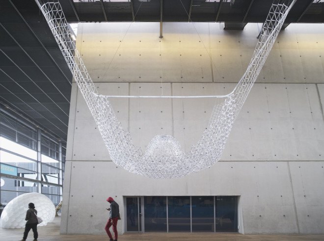 IASS, International Association for Shell and Spatial Structure, BIC Cristal pen, BIC pens, recycled BIC pens, BIC pen pavilion, BIC pen canopy, AAU Anastas, Landolf Rhode-Barbarigos, and Yann Santerre, recycled pens, recycled materials, tetrahedron models,
