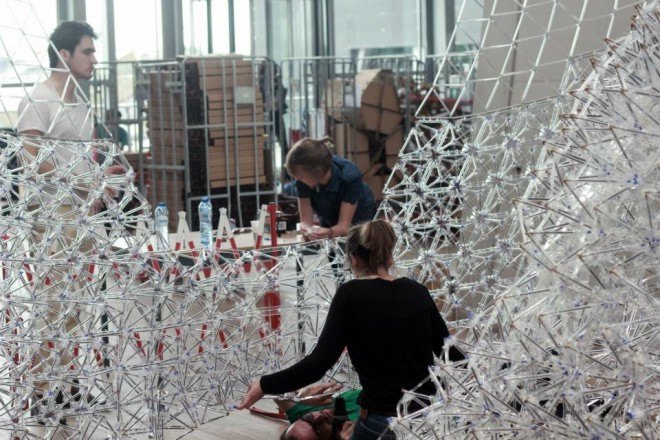 IASS, International Association for Shell and Spatial Structure, BIC Cristal pen, BIC pens, recycled BIC pens, BIC pen pavilion, BIC pen canopy, AAU Anastas, Landolf Rhode-Barbarigos, and Yann Santerre, recycled pens, recycled materials, tetrahedron models,