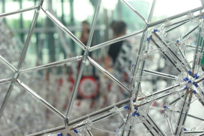 IASS, International Association for Shell and Spatial Structure, BIC Cristal pen, BIC pens, recycled BIC pens, BIC pen pavilion, BIC pen canopy, AAU Anastas, Landolf Rhode-Barbarigos, and Yann Santerre, recycled pens, recycled materials, tetrahedron models,
