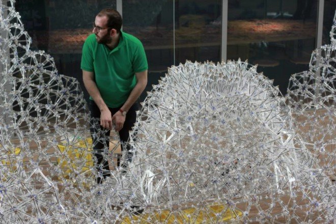 IASS, International Association for Shell and Spatial Structure, BIC Cristal pen, BIC pens, recycled BIC pens, BIC pen pavilion, BIC pen canopy, AAU Anastas, Landolf Rhode-Barbarigos, and Yann Santerre, recycled pens, recycled materials, tetrahedron models,