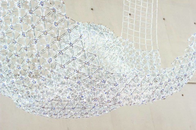 IASS, International Association for Shell and Spatial Structure, BIC Cristal pen, BIC pens, recycled BIC pens, BIC pen pavilion, BIC pen canopy, AAU Anastas, Landolf Rhode-Barbarigos, and Yann Santerre, recycled pens, recycled materials, tetrahedron models,