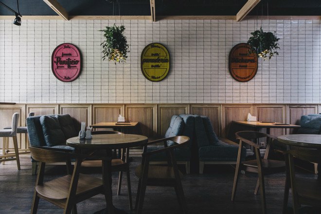 YØDEZEEN, bakery, interior design, green interior, green lighting, Roderick Vos, furniture design, hanging planters, hanging plants, wooden interior, green design