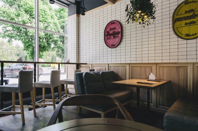 YØDEZEEN, bakery, interior design, green interior, green lighting, Roderick Vos, furniture design, hanging planters, hanging plants, wooden interior, green design