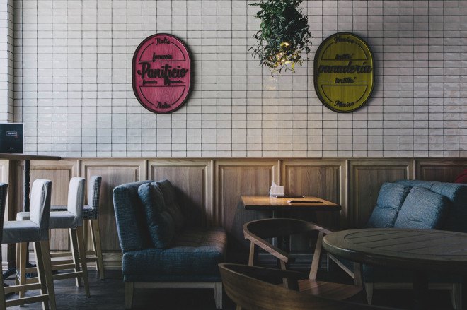 YØDEZEEN, bakery, interior design, green interior, green lighting, Roderick Vos, furniture design, hanging planters, hanging plants, wooden interior, green design