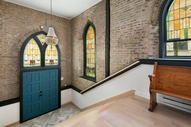 Linc Thelen Design, Scrafano Architects, Murphy Bed, custom built furniture, historic church, church renovation, church turned home, church conversion, church home conversion, stained glass windows, bell tower, contemporary home, Chicago,