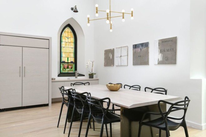 Linc Thelen Design, Scrafano Architects, Murphy Bed, custom built furniture, historic church, church renovation, church turned home, church conversion, church home conversion, stained glass windows, bell tower, contemporary home, Chicago,