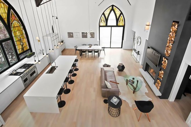Linc Thelen Design, Scrafano Architects, Murphy Bed, custom built furniture, historic church, church renovation, church turned home, church conversion, church home conversion, stained glass windows, bell tower, contemporary home, Chicago,