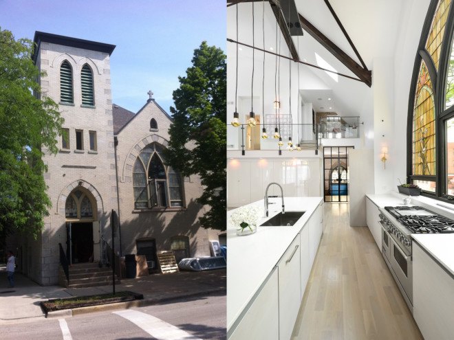 Linc Thelen Design, Scrafano Architects, Murphy Bed, custom built furniture, historic church, church renovation, church turned home, church conversion, church home conversion, stained glass windows, bell tower, contemporary home, Chicago,