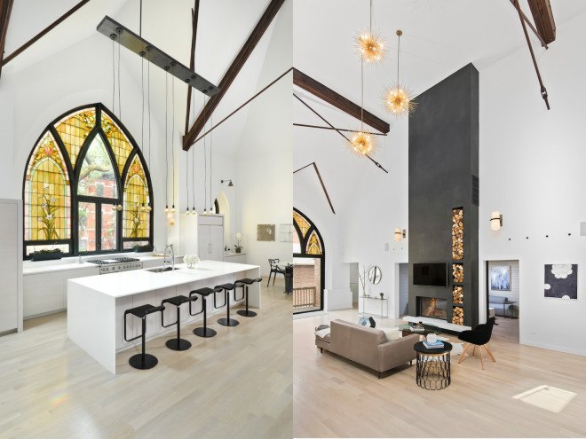 Linc Thelen Design, Scrafano Architects, Murphy Bed, custom built furniture, historic church, church renovation, church turned home, church conversion, church home conversion, stained glass windows, bell tower, contemporary home, Chicago,