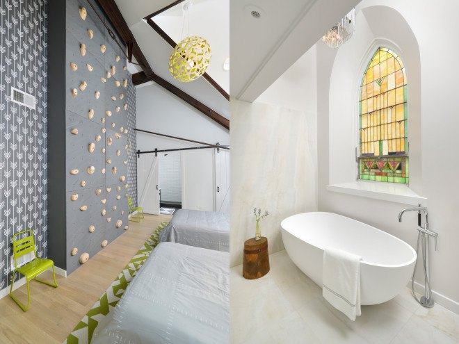 Linc Thelen Design, Scrafano Architects, Murphy Bed, custom built furniture, historic church, church renovation, church turned home, church conversion, church home conversion, stained glass windows, bell tower, contemporary home, Chicago,