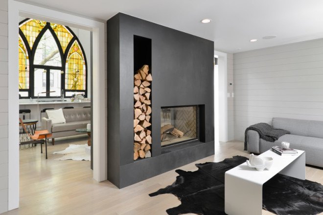Linc Thelen Design, Scrafano Architects, Murphy Bed, custom built furniture, historic church, church renovation, church turned home, church conversion, church home conversion, stained glass windows, bell tower, contemporary home, Chicago,