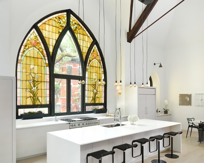 Linc Thelen Design, Scrafano Architects, Murphy Bed, custom built furniture, historic church, church renovation, church turned home, church conversion, church home conversion, stained glass windows, bell tower, contemporary home, Chicago,