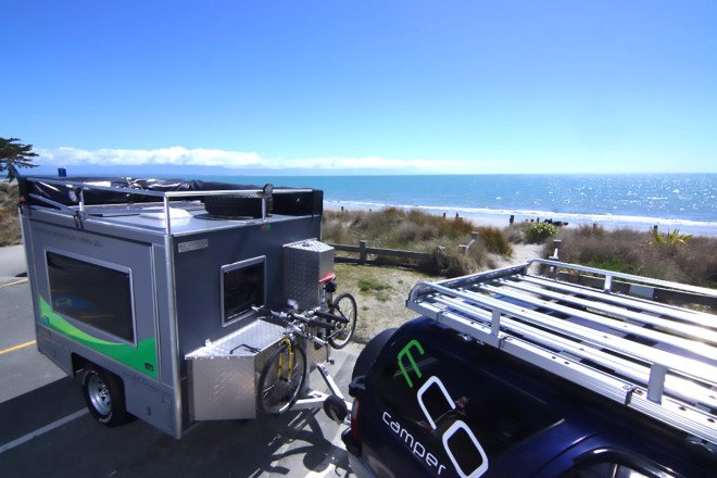 ECOmbo, Ecombo New Zealand, camper, off grid camper, solar-powered camper, camper trailer, LEDs, off grid trailer, solar-powered trailer, camper trailer, off grid adventure, portable toilet, outdoor hot shower,