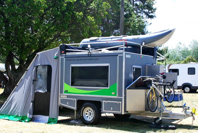 ECOmbo, Ecombo New Zealand, camper, off grid camper, solar-powered camper, camper trailer, LEDs, off grid trailer, solar-powered trailer, camper trailer, off grid adventure, portable toilet, outdoor hot shower,