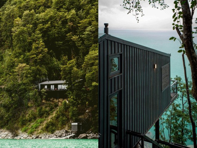 Apio Arquitectos, floor to ceiling glass, House on Todos Los Santos Lake by Apio Arquitectos, House on Todos Los Santos Lake, Todos Los Santos Lake, cabin, Chile, metal plates, metal-clad architecture, metal-clad cabin, natural materials, LEDs, Chilean architecture