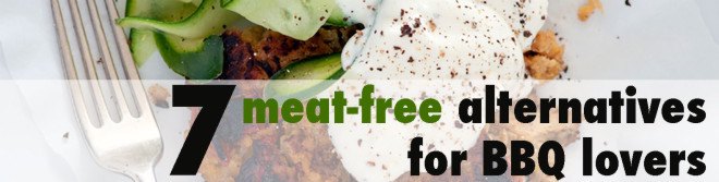 Veggie patty with overlay text "7 meat-free alternatives for bbq lovers"