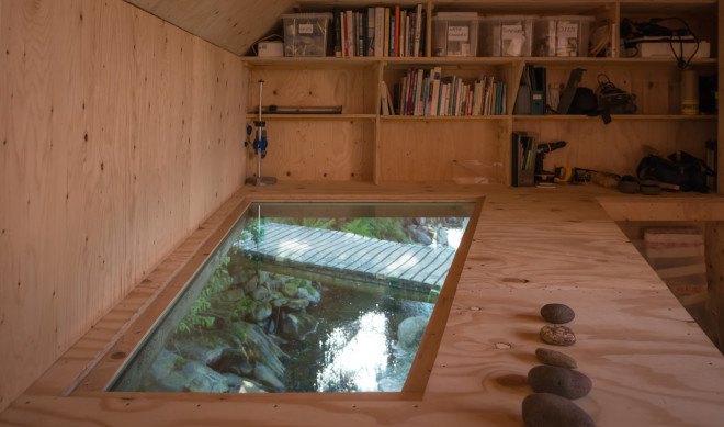 Midden Studio, Studio Weave, Scotland, Midlothian, zinc, zinc facade, embossed zinc, plywood, plywood interior, artists studio, skylights, soffit light, Scottish architecture, twin-gabled, gabled roof,