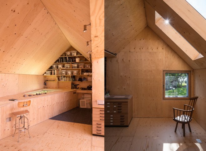 Midden Studio, Studio Weave, Scotland, Midlothian, zinc, zinc facade, embossed zinc, plywood, plywood interior, artists studio, skylights, soffit light, Scottish architecture, twin-gabled, gabled roof,