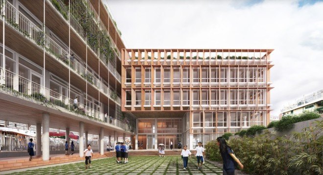 COOKFOX Architects, Steung Meanchey, Velcro Companies, Cambodian CHildren’s Fund, Neeson Cripps Academy, Neeson Cripps Academy by COOKFOX, terra-cotta, bamboo, solar shades, biophilic, biophilic design, passive design, ecofriendly school, solar heat gain, Cambodia, Phnom Penh,