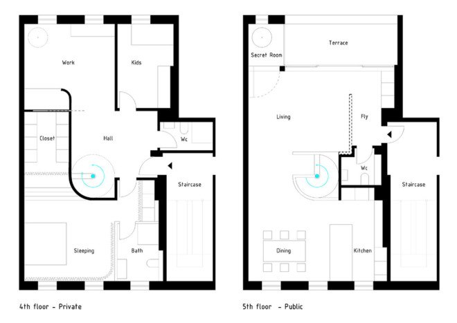 NowLab, Haus JJ, Berlin, small spaces, small apartment, spiral staircase, skylights, courtyards, green design, terrace, wooden flooring, Kreuzberg, German architects