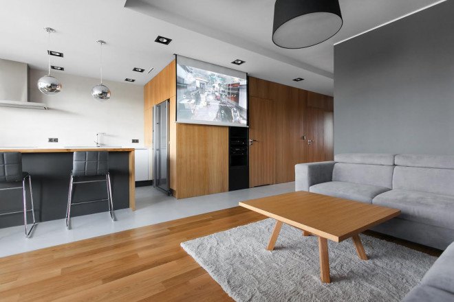 Mode:lina Architekci, Poland, Poznan, apartment design, flexible spaces, open-plan layout, natural materials, wooden interior, green interior, storage spaces