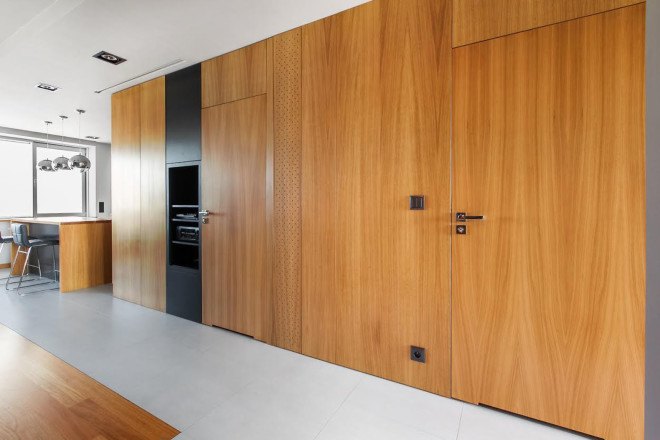 Mode:lina Architekci, Poland, Poznan, apartment design, flexible spaces, open-plan layout, natural materials, wooden interior, green interior, storage spaces