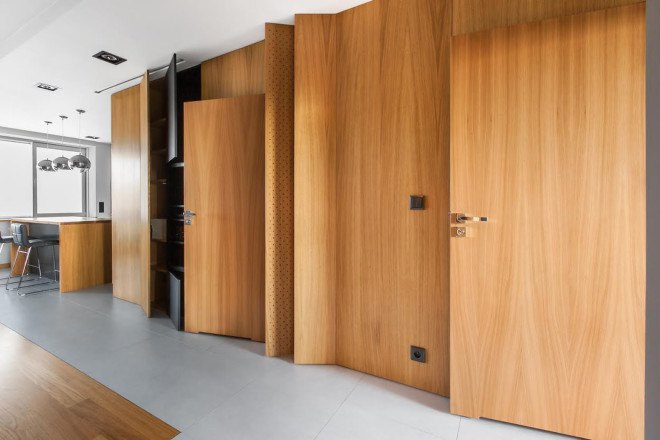 Mode:lina Architekci, Poland, Poznan, apartment design, flexible spaces, open-plan layout, natural materials, wooden interior, green interior, storage spaces